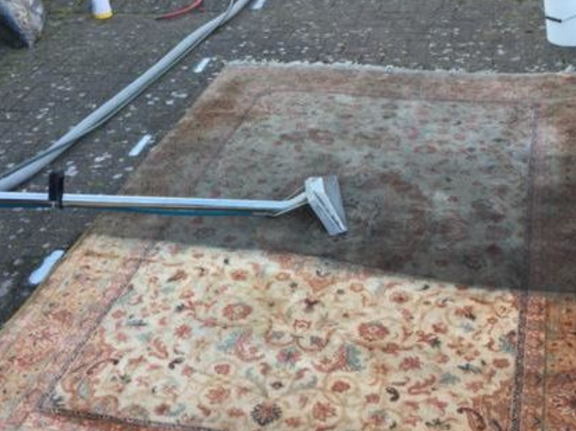 This is a photo of a floral rug that is being steam cleaned. The bottom half has been completed and the top half is being done works carried out by Clerkenwell Carpet Cleaning